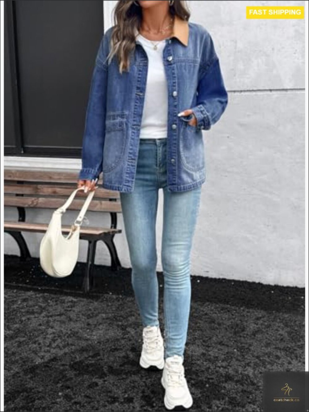 Oversized Boyfriend Denim Jacket Button Down Contrast Trim Barn Jacket With - Picture 6 of 7